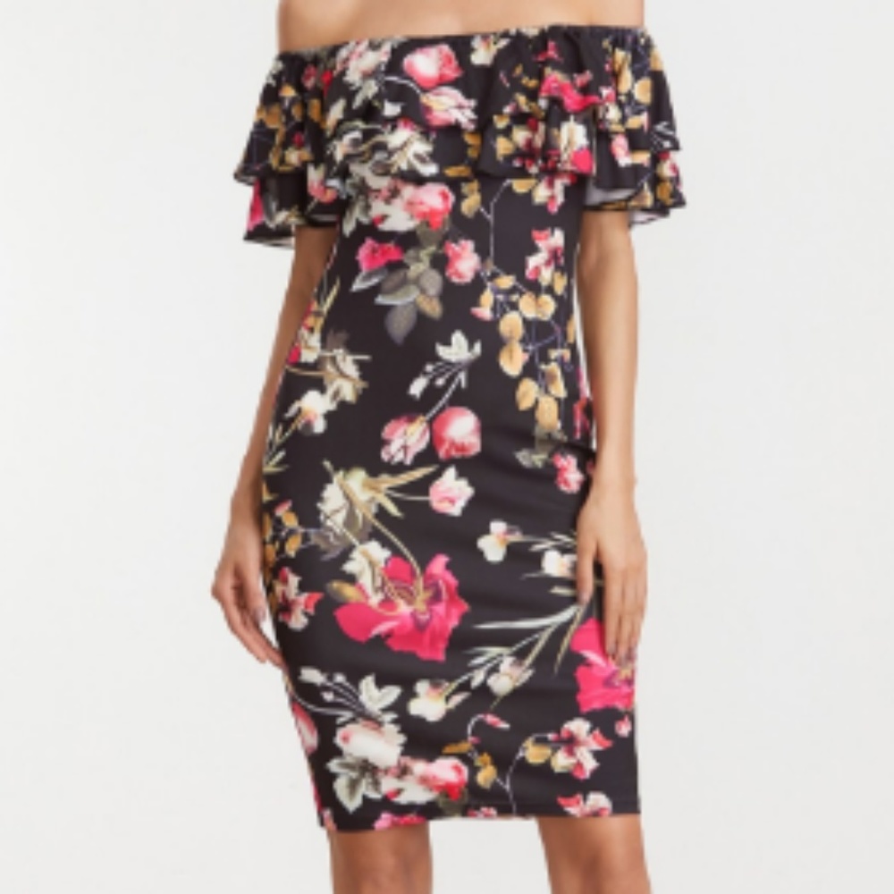 Floral Print Off The Shoulder Ruffle Sheath Dress
